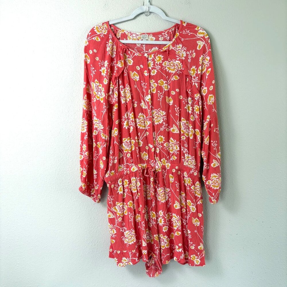 Loft Beach Romper Shorts Womens L Coral Yellow Floral Long Sleeve Cinched Waist